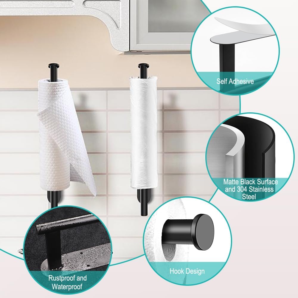Stainless Steel Paper Holder - 13.2In Rust-Resistant Modern Under Cabinet Wall Mount, Self-Adhesive or Drilling Installation, Indoor Use for Kitchen, Laundry Room