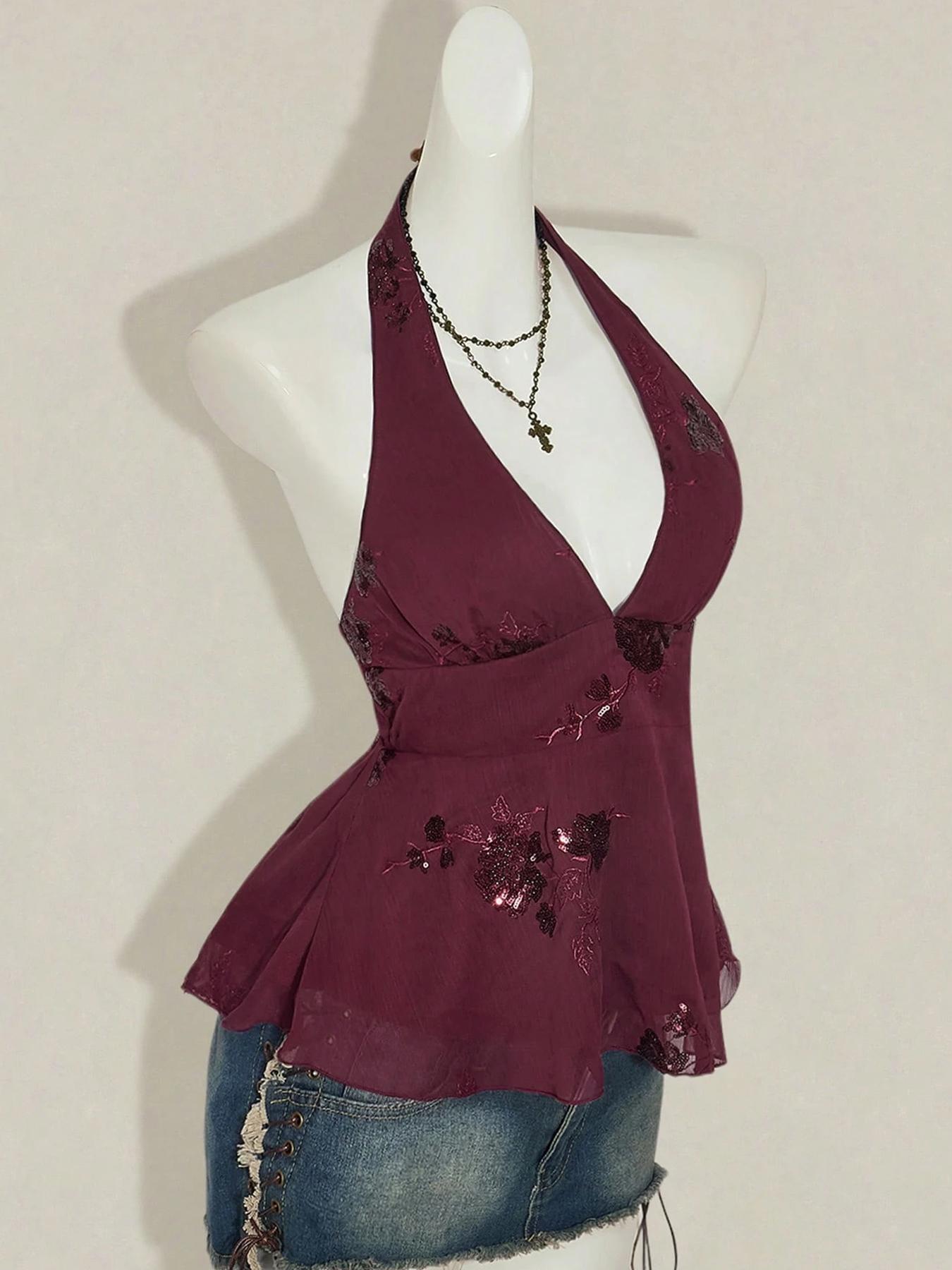 1 Piece Beaded Halter Tank Top | Euro-American Retro Vibe | Deep V Design + Sequin Beading | Elegant Pick for Dinner Parties / Wedding Guests