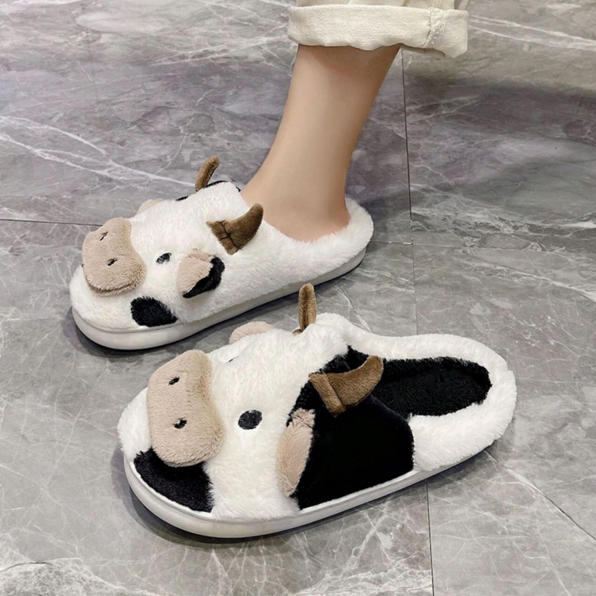 Cartoon Cow Cotton Slippers, Winter Indoor Outdoor Slippers for WomenWinter Warm Shoes