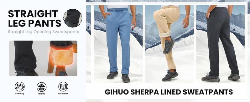 Gihuo Men's Winter Fleece Pants Sherpa Lined Sweatpants Active Running Jogger Pants with Ribbed Leg Opening Elastic Waist Drawstring Comfortable Fit Two Slant Pockets Easy Care Made in US Sizes