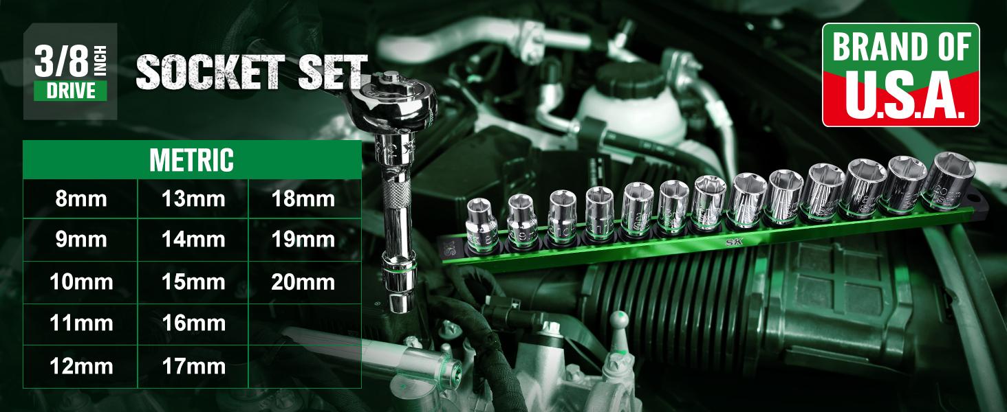#SpringGlowUp SK 3/8" Drive Socket Set, Deep Metric Sockets, 13-Piece, SuperKrome Finish, Premium CR-V Construction, with Aluminum Socket Organizer