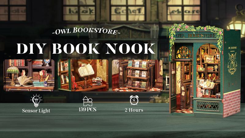 CUTEBEE OWL BOOKSTORE DIY Book Nook Kit with LED Lights Wooden Miniature Bookcase & Dollhouse Decor Handmade Craft Holiday Gift Black Friday Deal - Building Blocks Set