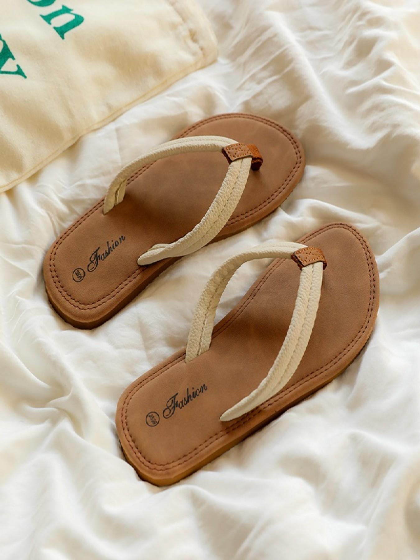 Korean Style Versatile Sandals for Women, Summer Outdoor Fashion, Colorblock Flat Slip-On Beach Shoes, Comfortable and Stylish