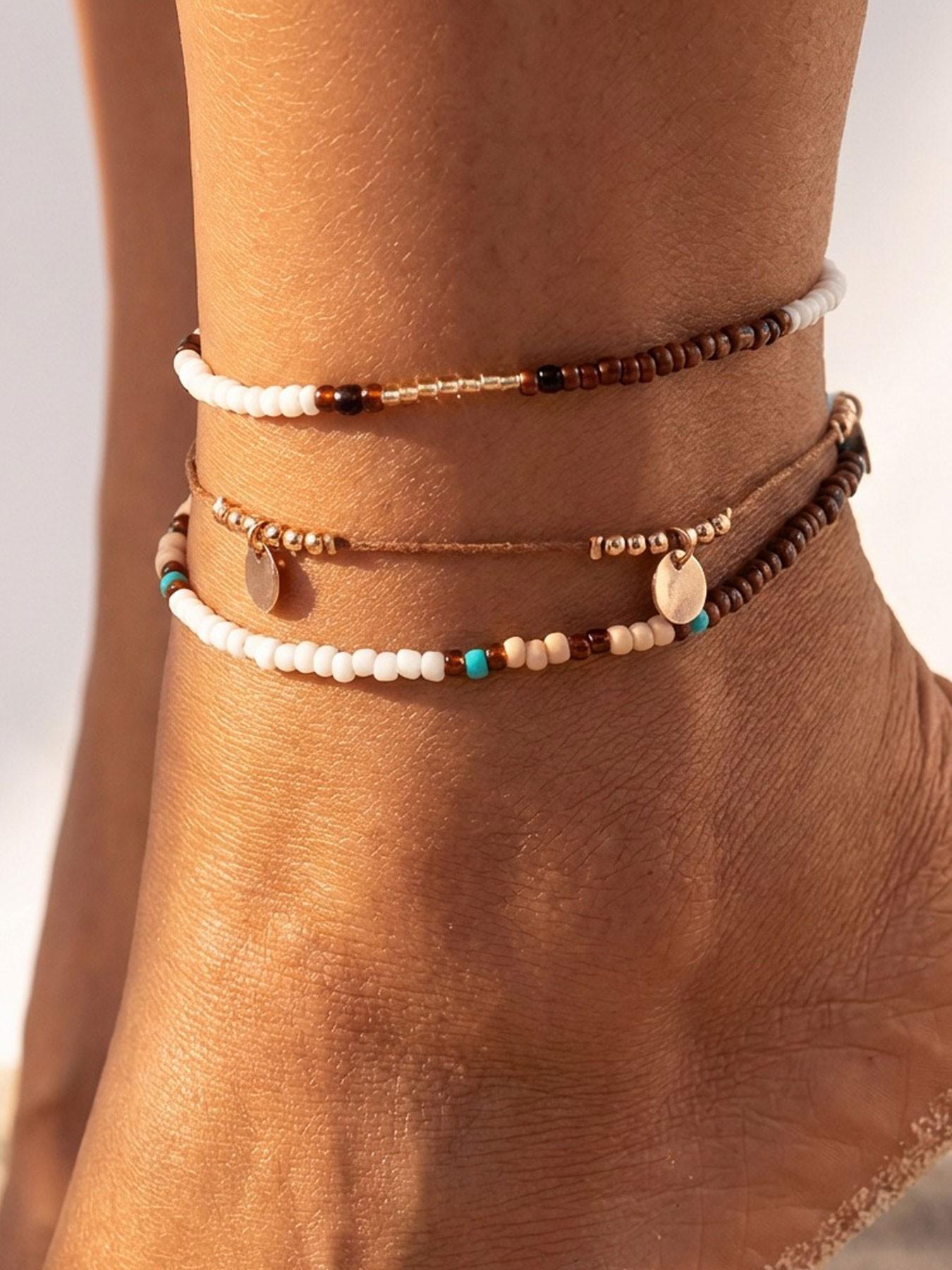 Bohemian Beaded Anklet Set (3 Pieces), Layered Anklet, Adjustable Multi-Layer Chain Ankle Bracelets for Women and Girls, Fashion Body Jewelry for Beach Party Vacation