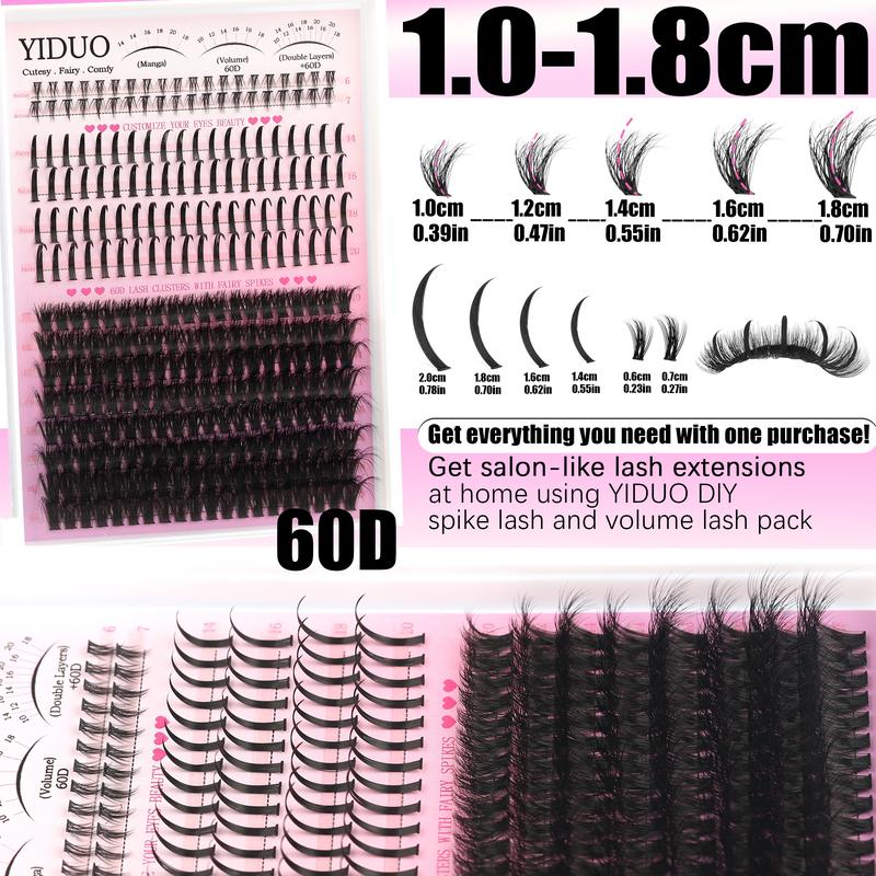 YIDUO 5 Styles Diy Lash Clusters Lashes Kit 60D\80D \100D\Spikes Eyelash and Bottom Lashes Clusters Kit 6-18mm Cluster Eyelash Extension Kit 840 Pcs D-Curl With Lash Bond and Seal, Lash Remover，Lash Tweezers,Eyelash Brush