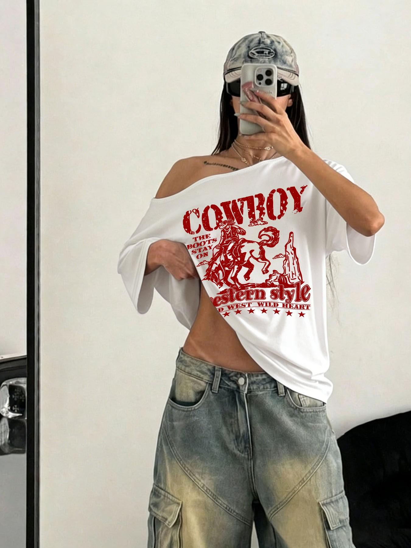 Ozzon オッズオン タンクトップ Y2k Women's Y2K Off-shoulder T-shirt, Retro Denim Print Drop-shoulder