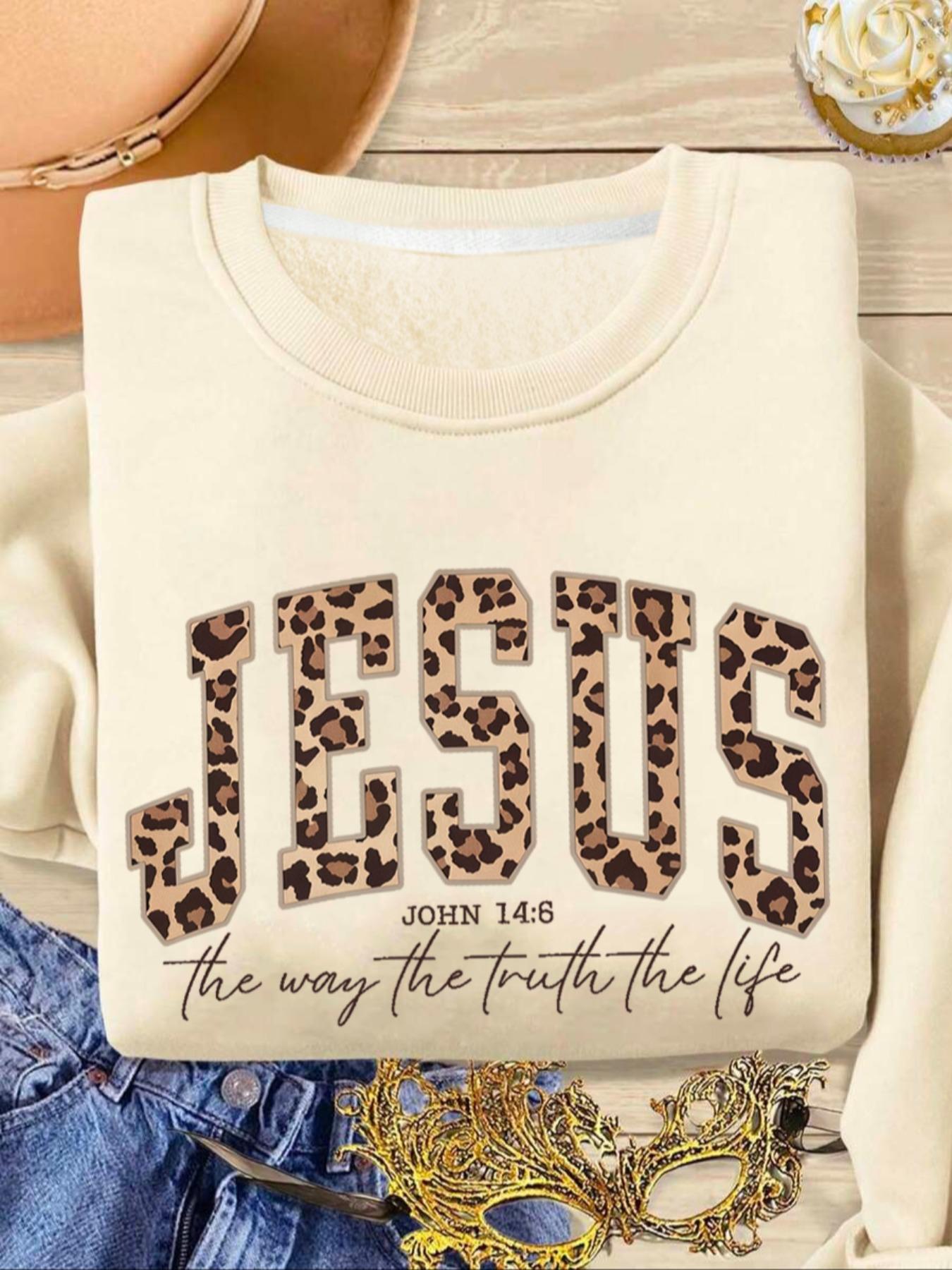 Christian Jesus Sweatshirt, Leopard Bible Verse Top, Fashion Faith Clothing Gift, Love Truth Life Women's Pullover, Long Sleeve Loose Fit Casual
