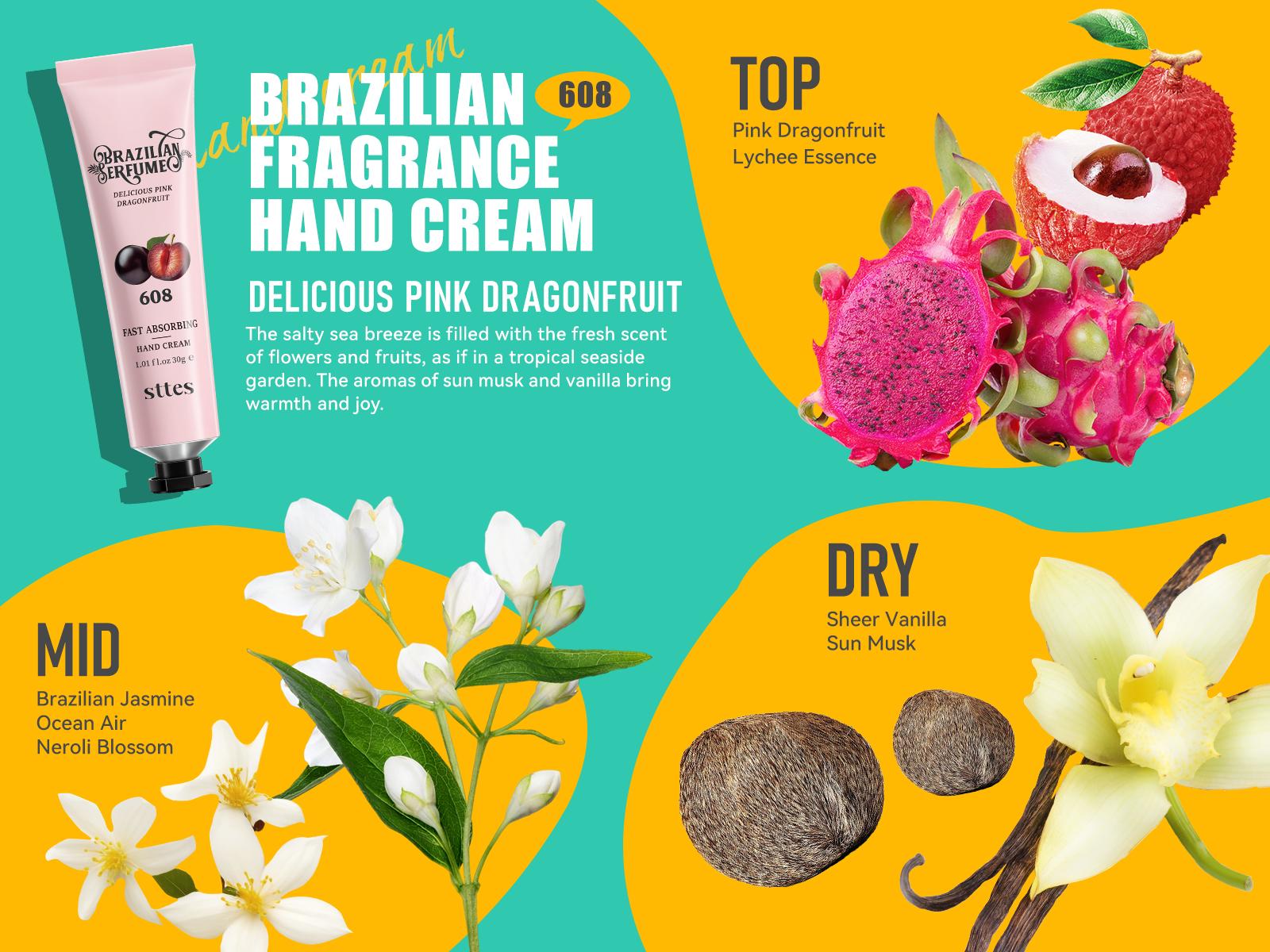 Sttes Fragrance Hand Cream 602#608#701# (3.17 fl.oz / 90g) – Gourmet Fragrance (Caramel Vanilla + Dragon Fruit + Roasted Nuts) Mineral Oil Free |