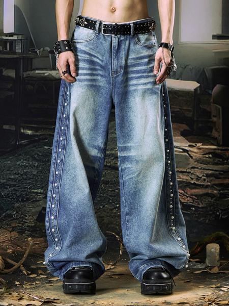 Men's Light Blue Washed Straight Leg Jeans, Vintage Y2K Style, Simple Versatile Denim Jeans, Suitable for All Seasons