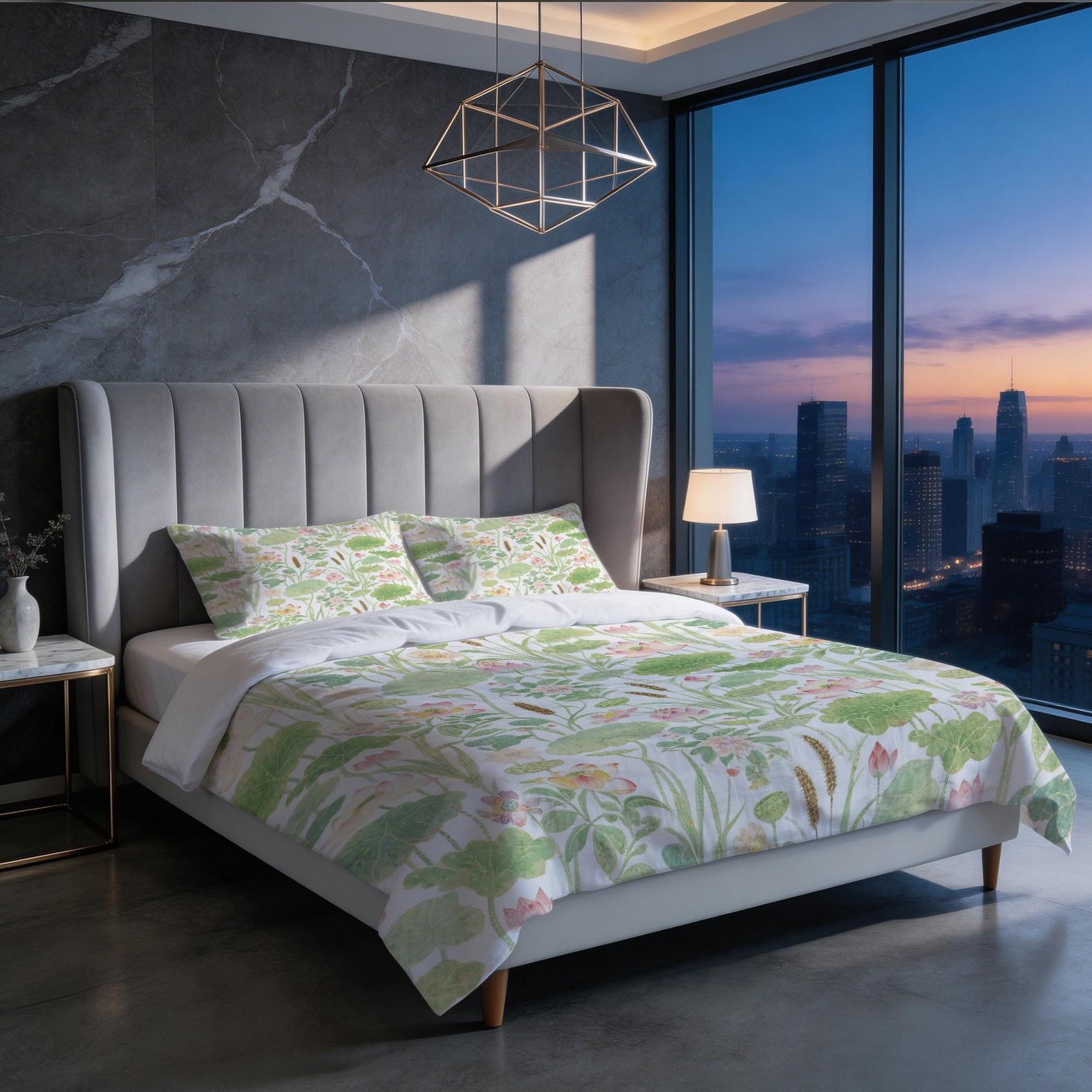 2/3 Piece Watercolor Lotus Pond Duvet Cover Set, HD Digital Printed Comforter Cover, Soft Breathable Bedding Set with Zipper Closure for Bedroom Home Decor (NoInsert)