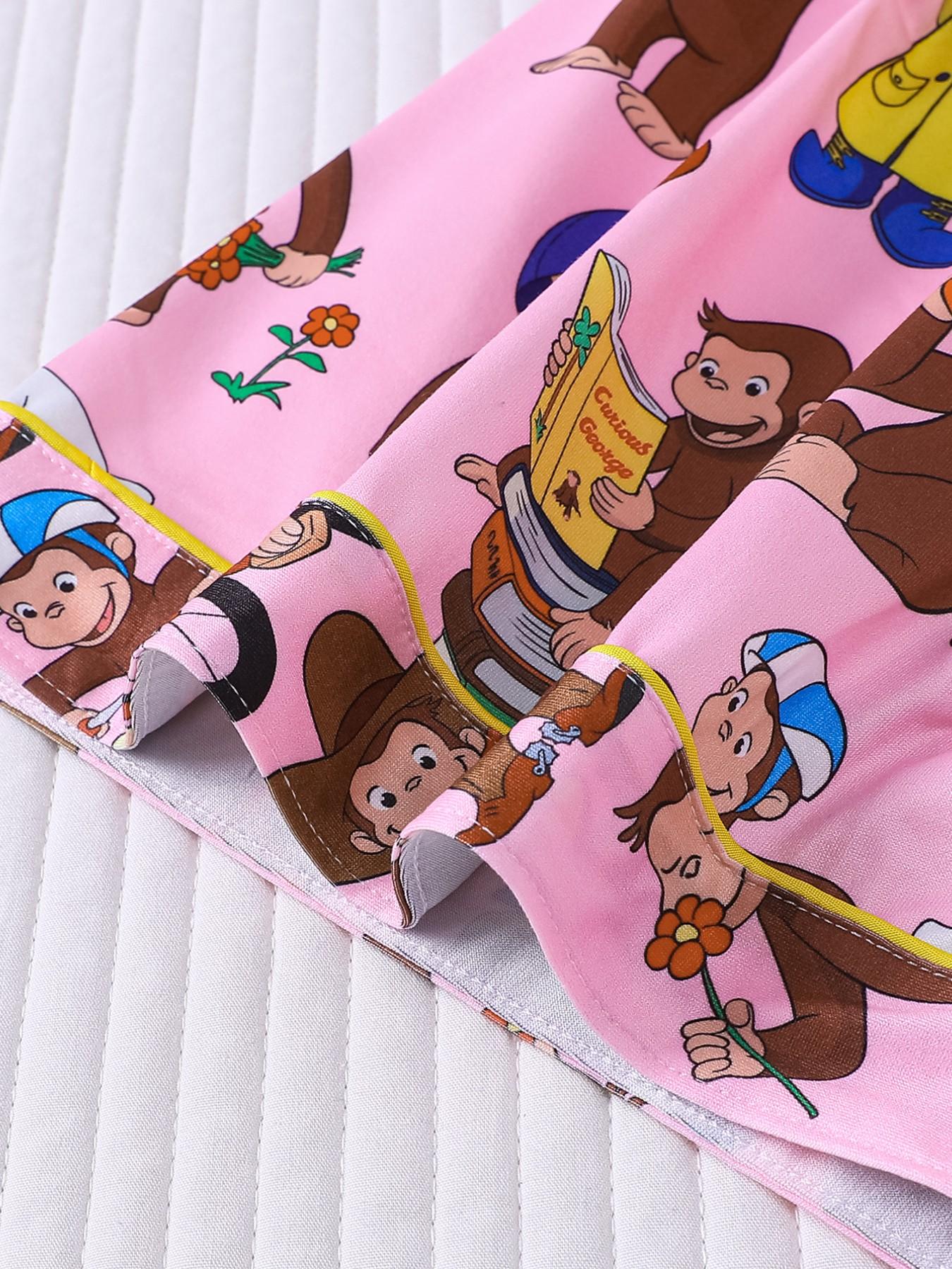 Women's 2 Piece Curious George Cartoon Print Pajamas Set, Cute Monkey Pattern Short Sleeve Button Down Shirt & Shorts Loungewear, Soft Comfy Sleepwear with Chest Pocket & Elastic Waist, Casual All-Season Homewear for Daily Relaxation