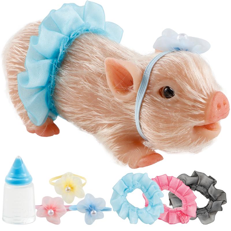 Halloween Gifts 5" Silicone Pig Mini Soft Lifelike Full Body White Figurine Water Proof Christmas Toys with 3 Accessories & Bottle OR Stocking Stuffers Party Favors Assortment