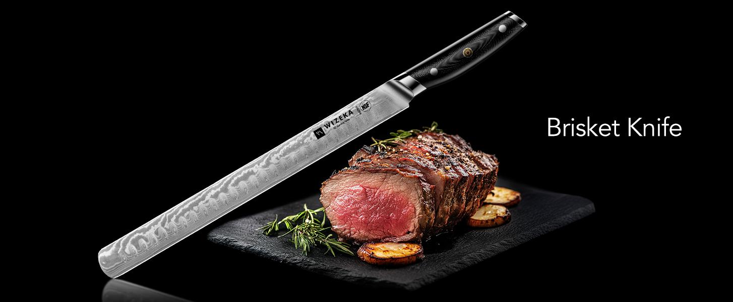 WIZEKA Brisket Knife，Ultra Sharp 12 Inch Damascus Slicing knife，Full Tang Carving Knife for Meat Cutting with G10 Handle，BBQ Knife，Great for Slicing Roasts, Meats, Fruits