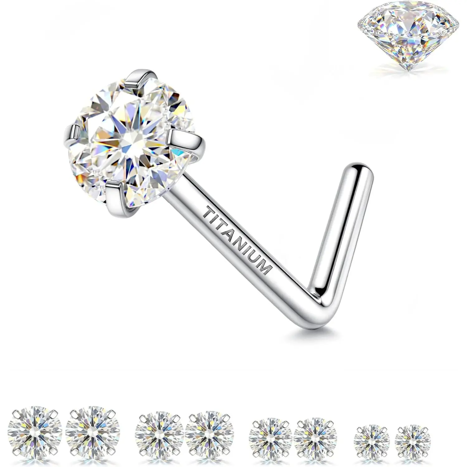 GEMQUEEN 4 & 8 Pcs Moissanite Nose Studs, G23 Titanium L Shape Nose Rings, 18G/20G Nostril Piercing Jewelry for Women & Men, 18K Gold Plated