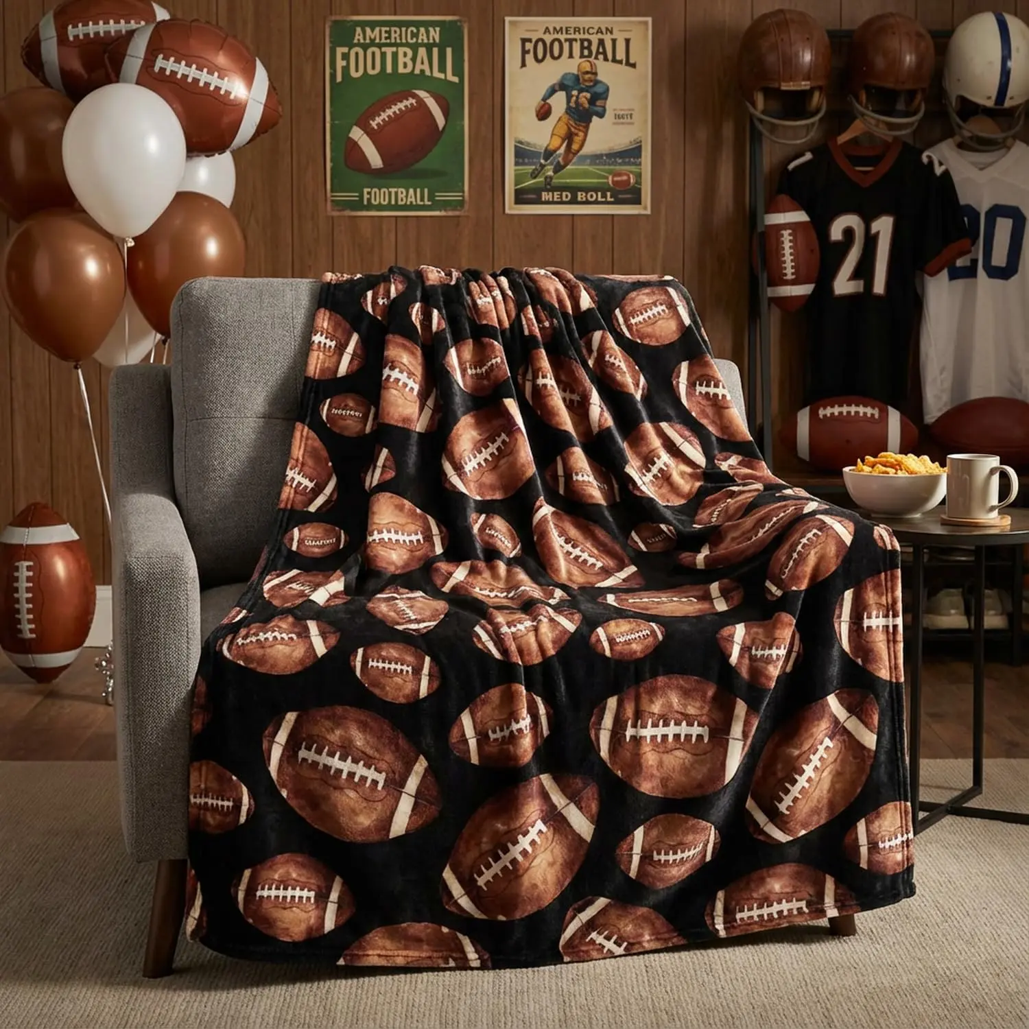 Football Black Flannel Throw Blanket 50x60 |   Using Ultra Soft Fuzzy Plush Cozy Non-shedding Blanket for Couch Sofa Bed Camping, Ideal  for  Adults