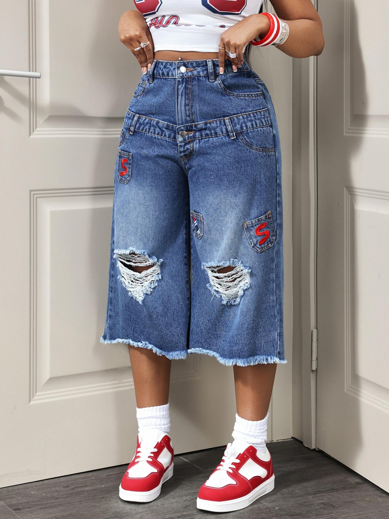 Women's Letter Embroidery Ripped Denim Capri Pants, Straight Leg Double Waistband Jeans, Frayed Hem Multi Pocket Spring Summer Casual Bottom