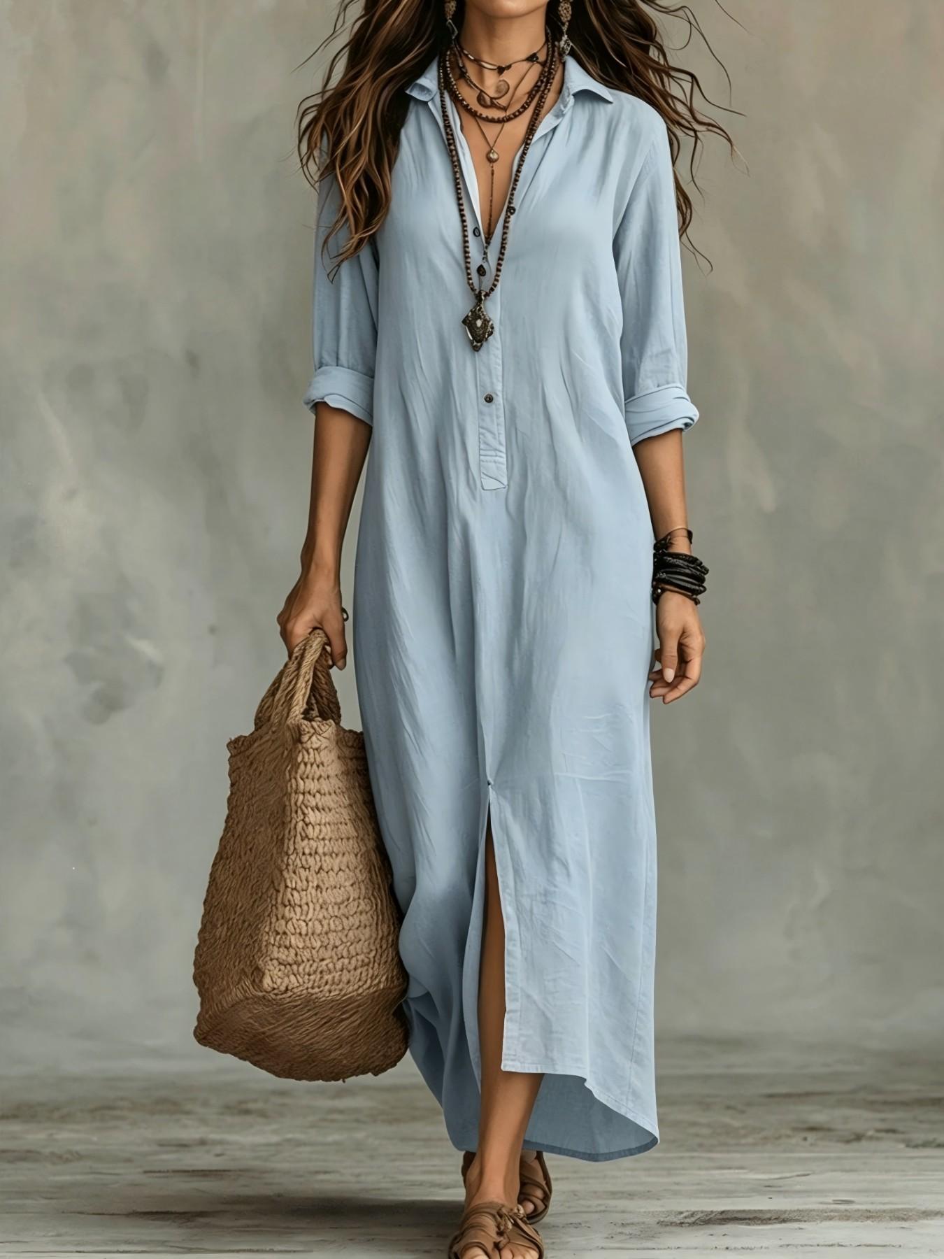 2026 Spring Summer Cross-Border Casual Solid Color Notched Lapel Front Split Long Dress, Trendy Women's Fashion, Comfortable & Stylish