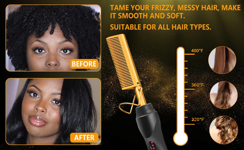 Electric Hot Comb Hair Straightener for Natural Black Hair and Wigs - Curling Iron, Wig Glue, and Wax Stick Kit Salon Gift Styling Set Thermal Brush