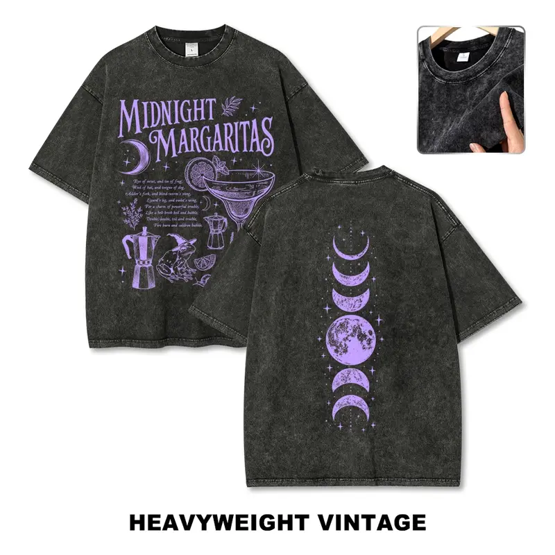 Men's Casual Graphic Oversize Washed Cotton Short-Sleeve Round Neck Soft Menswear T-Shirt - Retro Midnight Margaritas Tequila Theme, Practical Magic Halloween Spooky Season Gift