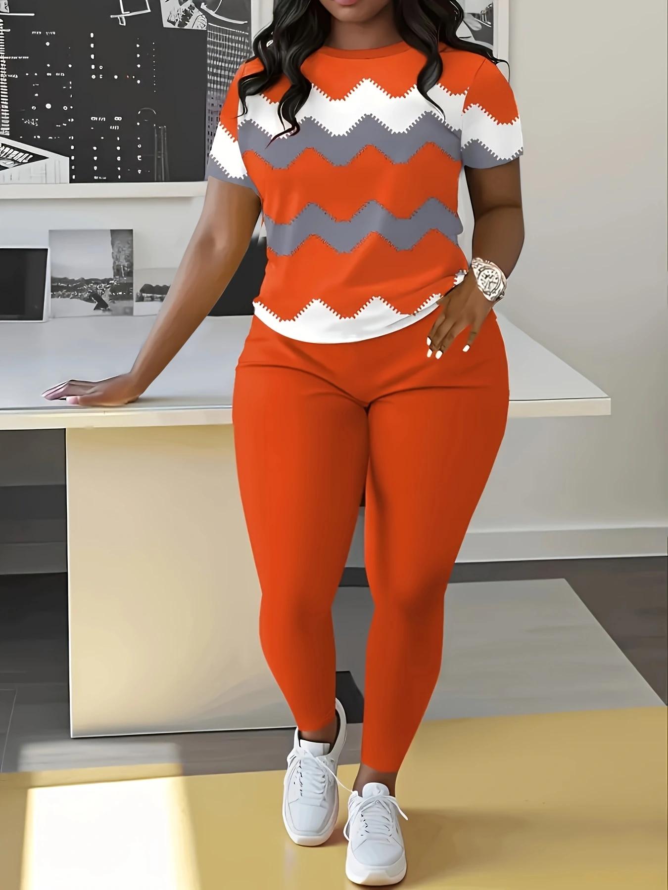 Women's Striped Patchwork Casual Two-Piece Set, Spring & Fall Fitted Round Neck Short Sleeve Top and Long Pants, Womenswear