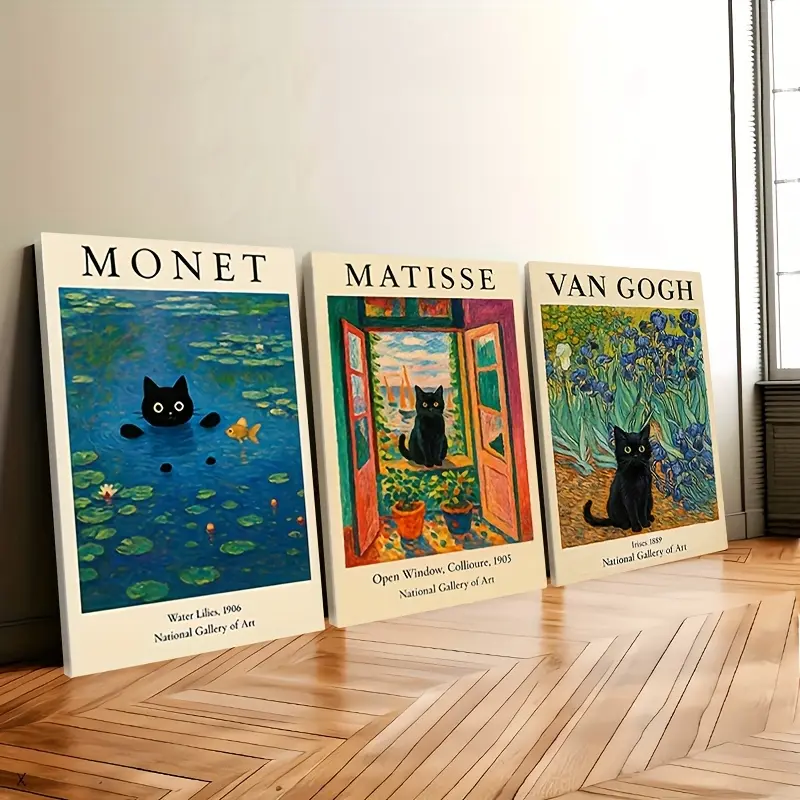 3-Piece Framed Wood Canvas Art Set - Famous Impressionism Artists Van Gogh, Matisse, Monet Whimsical Black Cat High-Res Prints, Multiple-Scene Home Decor (Bedroom, Living Room), Gift Ideas