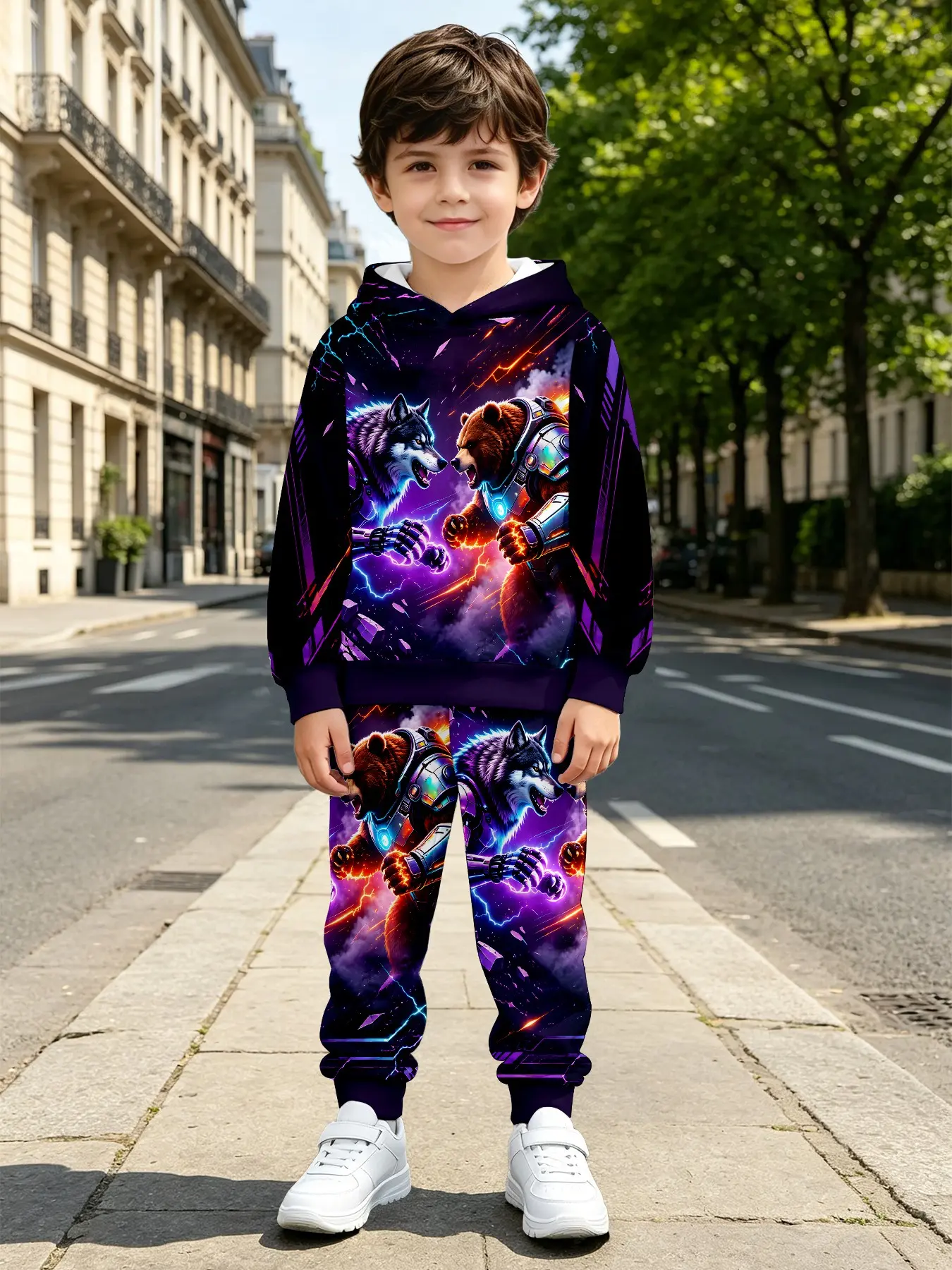 Sci-Fi Battle Hoodie Set, Long Sleeve Loose-Fit Sweatpants, All over Print, Casual Fall & Winter, Natural Waist Design