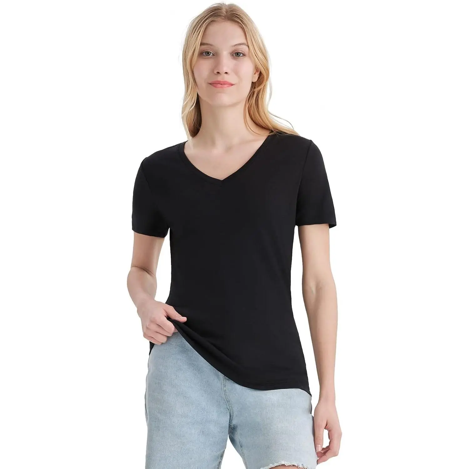 100% Merino Wool V Neck Short Sleeve T-Shirt for Women Odor Resistant Base Layer Tops for Outdoor Hiking