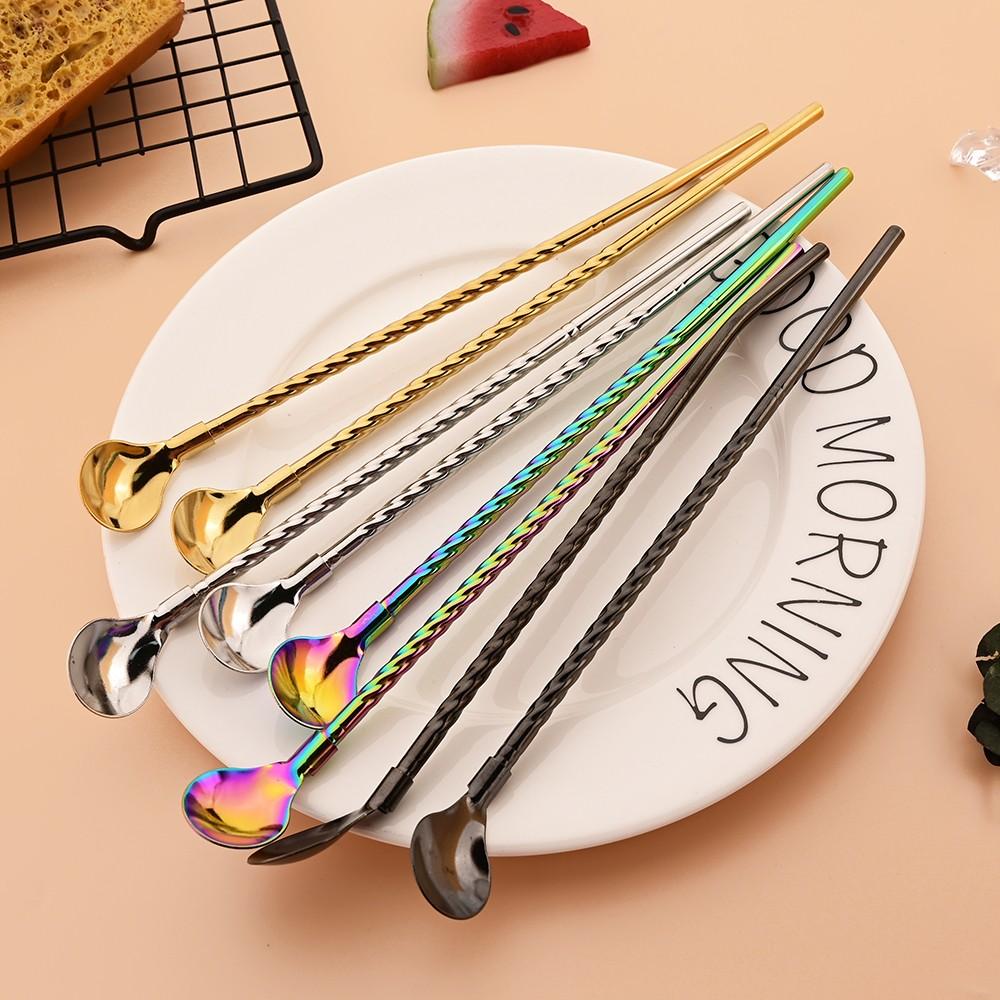 9-Piece Reusable Stainless Steel Straw Spoon Cutlery Set, Ideal for Bar Parties, Durable and Eco-Friendly Dining Accessories
