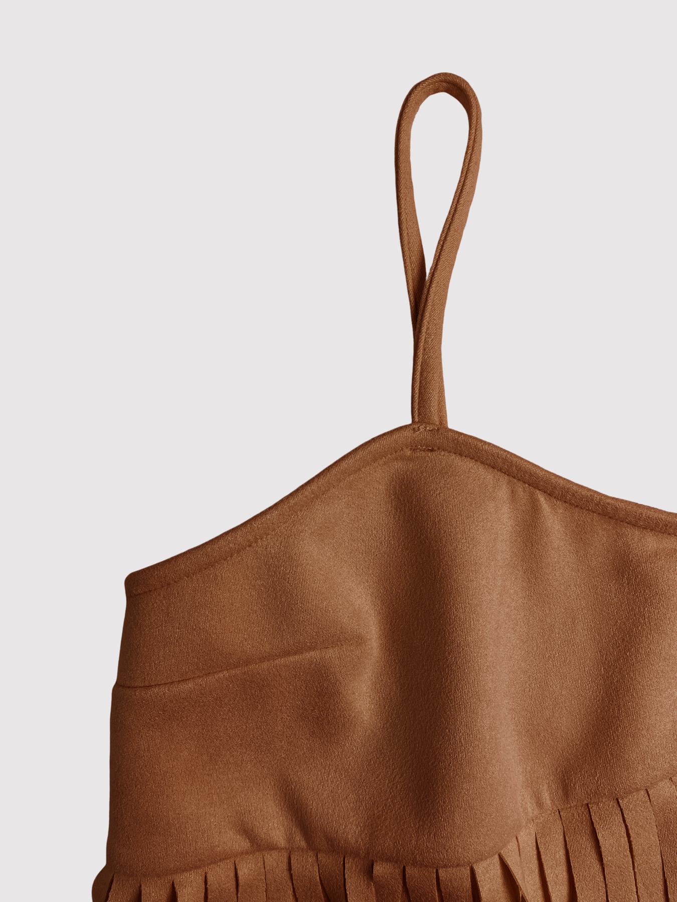 Adjustable Strap Fringe Outfit - Western Baddie Spaghetti Strap Cami & Skirt Matching Set