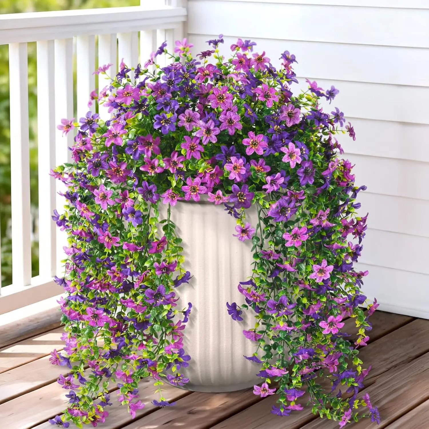 Artificial Hanging Flowers for Outdoors, 2 Pcs Fake Hanging Plant Spring Summer Decor, UV Resistant No Fade Realistic Faux Flower for Front Door Porch Planter Patio Garden Yard(Double Purple)