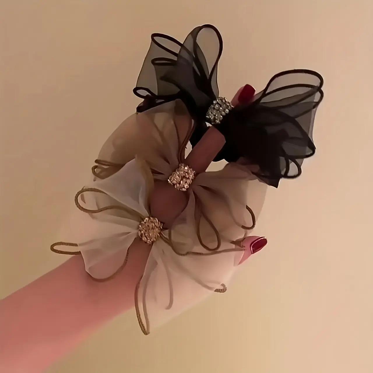 Women's 3-Pcs Vintage Rhinestone Bow Headbands Set - High-Elastic Mesh Fabric Hair Hoops, Elegant Bag Accessories for DIY Luggage & Bags, Updo Wear