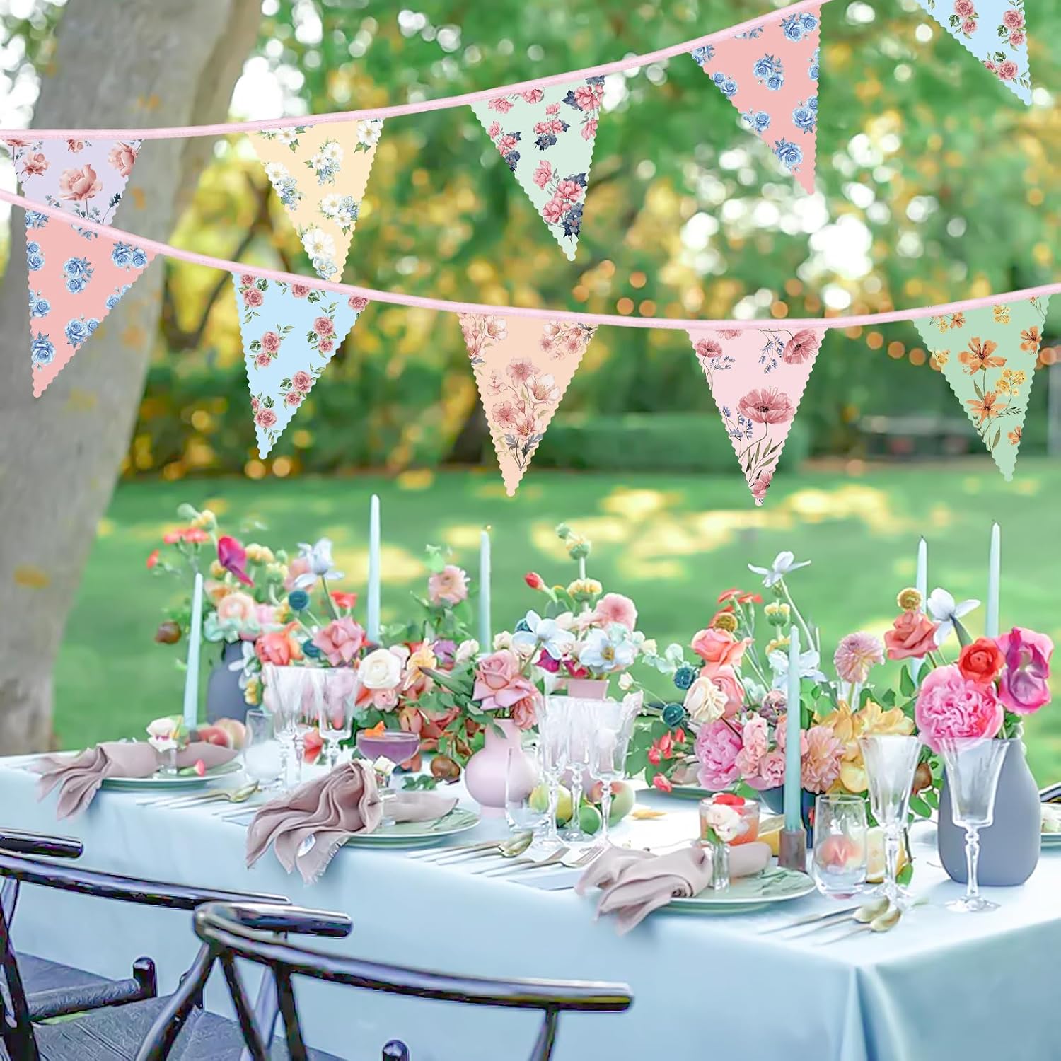 Modern Pre-Strung Synthetic Floral Paper Garland - 2-Count Wildflower Triangle Bunting, 13ft Easy-Hanging Home Decor Banner, Party Decor Props for Mother’s Day, Wedding Events, Default