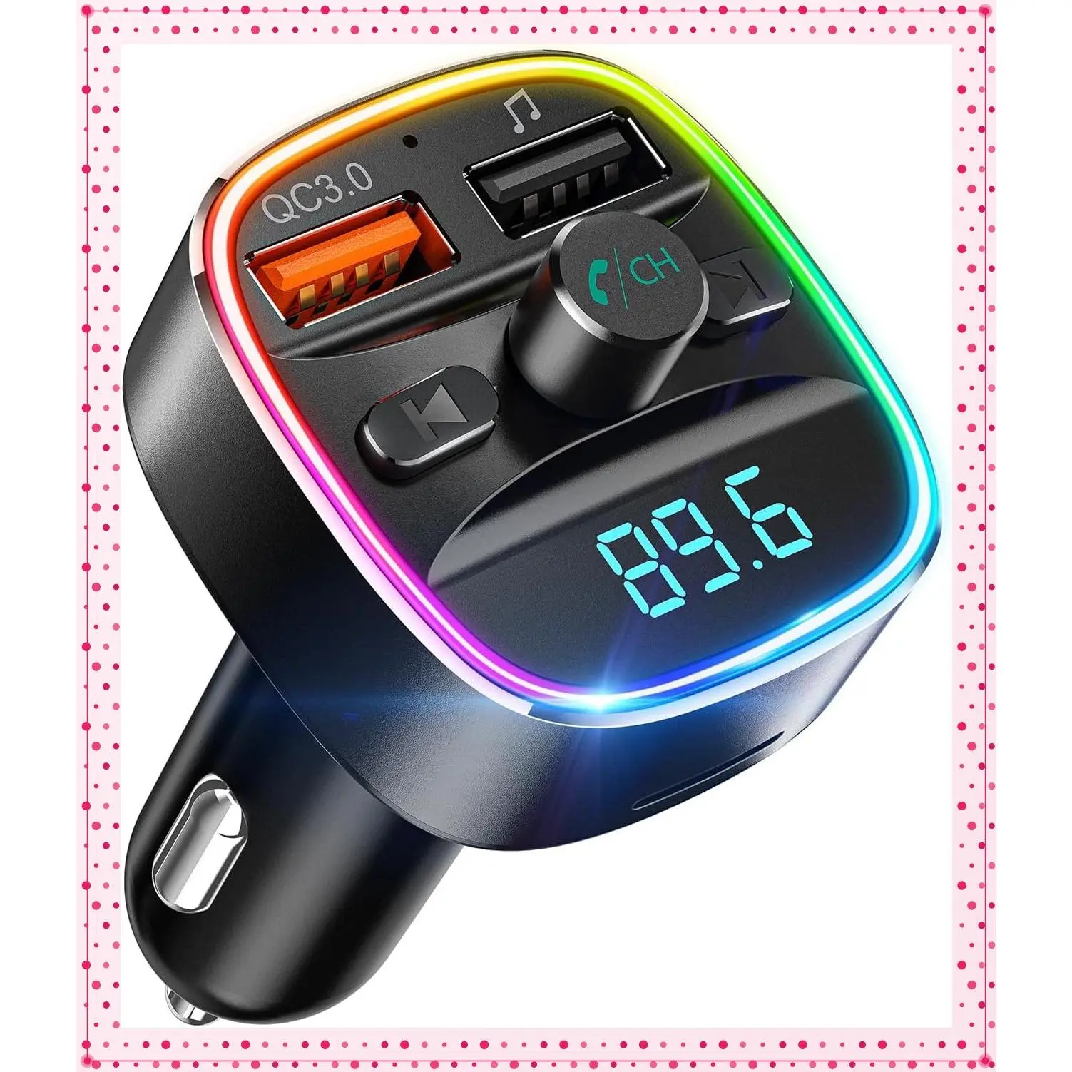 Bluetooth FM Transmitter Car Adapter, Wireless Radio Car Kit with Dual USB Charger, QC3.0 Fast Charge, Hands-Free Calling, HD Music Player, TF/USB Playback, 7-Color LED Backlit, Voltmeter Display, BlackGift