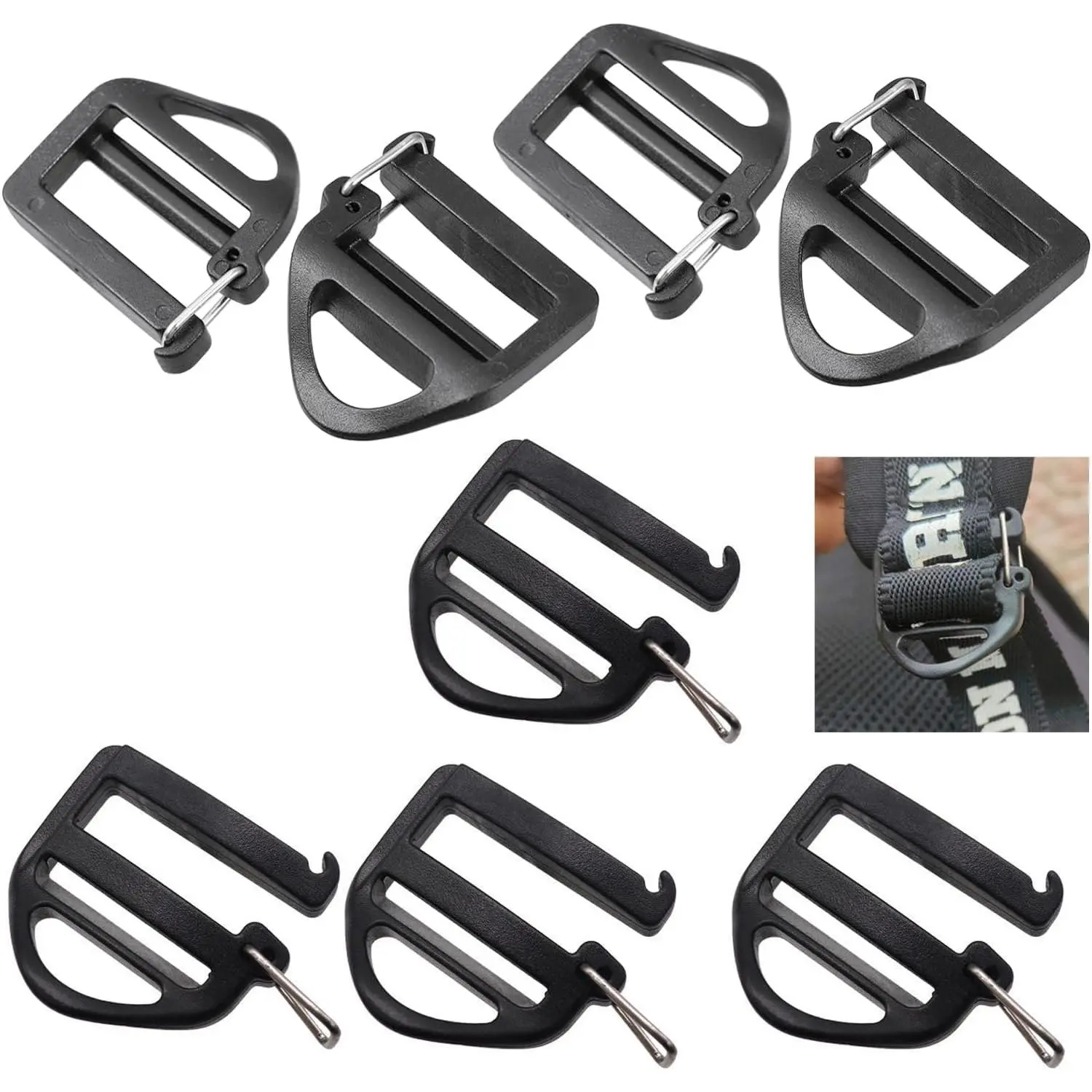 8 Pack Webbing Hook Clip 25mm 1'' Strap Belt Buckle with Open Lock End Clasp Connector Slide Buckles Ladder Slider  for Backpack Bag Molle Sewn Loop Hiking