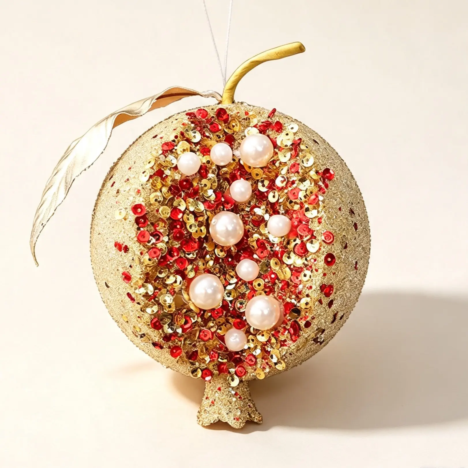Luxurious Sequin Pearl Pomegranate Christmas Ornament, Gold Sparkle Fruit Shape Ball, Holiday Home Party Decor Gift