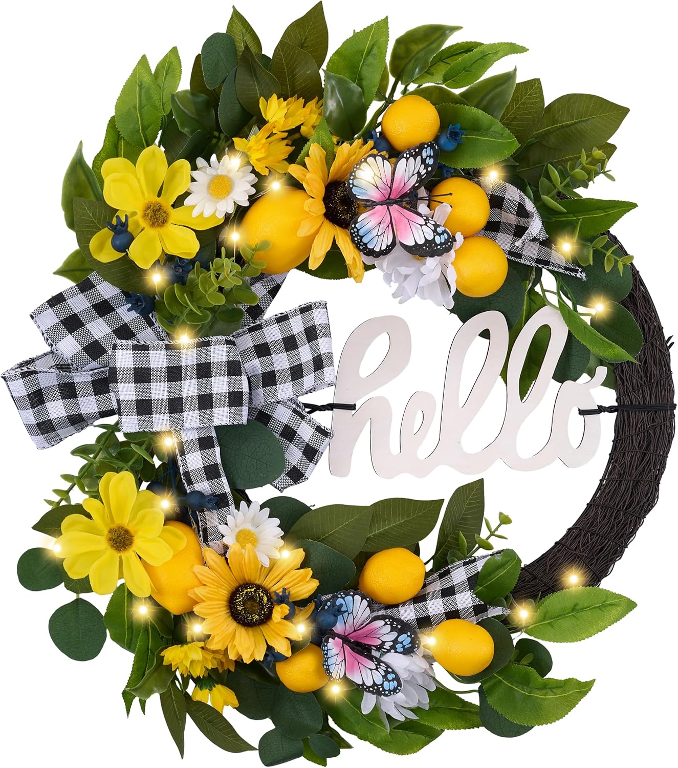 24'’ Collapsible Pre-lit Spring Summer Lemon Wreath for Front Door, Lighted Yellow Sunflower Wreaths with Hello Sign & Ribbon, Farmhouse Home Porch Wall Kitchen Amalfi Coast Decor