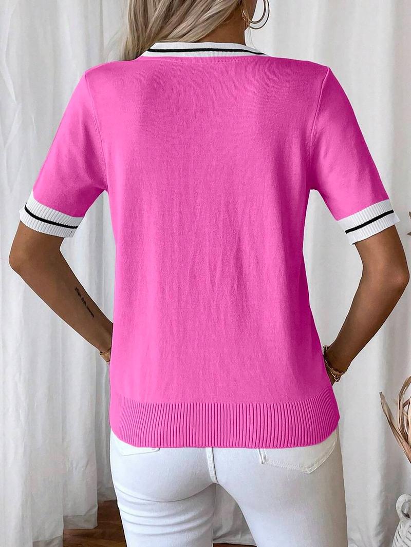 Women's Colorblock Striped Shortsleeve Vneck Knit Top, Casual Elegant Classy Fashion Chic Fitted Short Sleeve Top for Summer, Ladies Clothes for Daily Wear, Womenswear, Knitwear, Breathable Top, Casual Breathable Elegance