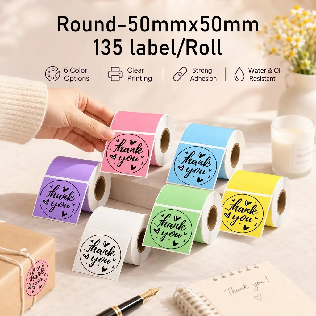 Circular 6 Color Label Printing Paper Set, 50x50mm Thermal Stickers, Compatible with M100/m120/m200/m220/p50 Labels, Bright Colors, Large Capacity