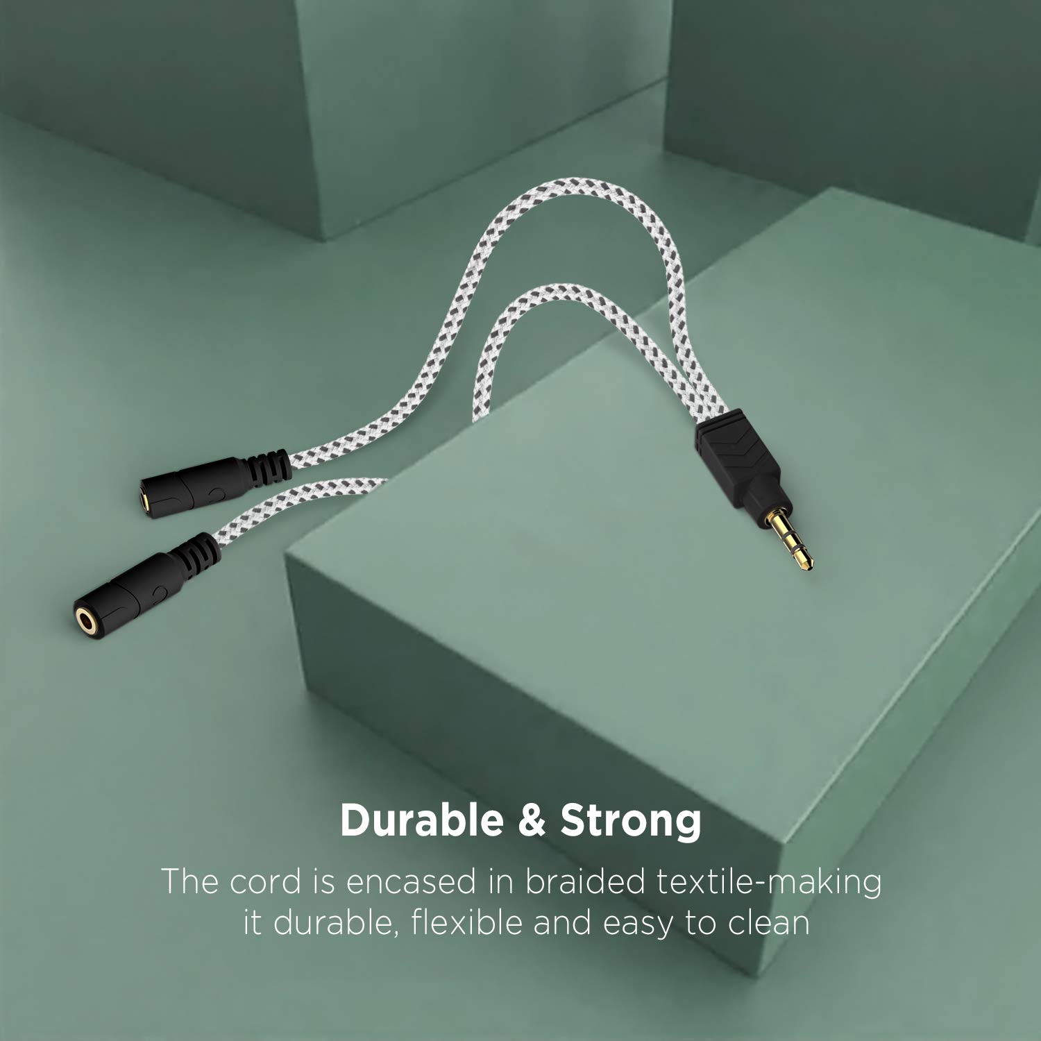 Headphone Splitter, Knitted 3.5mm Audio Splitter TRS 3-Pole Aux Splitter  for Headphones Earphones Speakers - White
