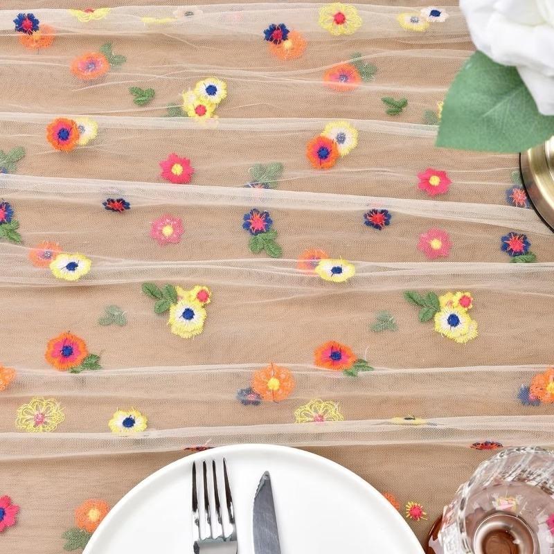Embroidered Chiffon Table Runner, Daisy Floral Design, Ideal for Weddings, Parties, Home Decor, Outdoor Events, Perfect for Tables and Chairs