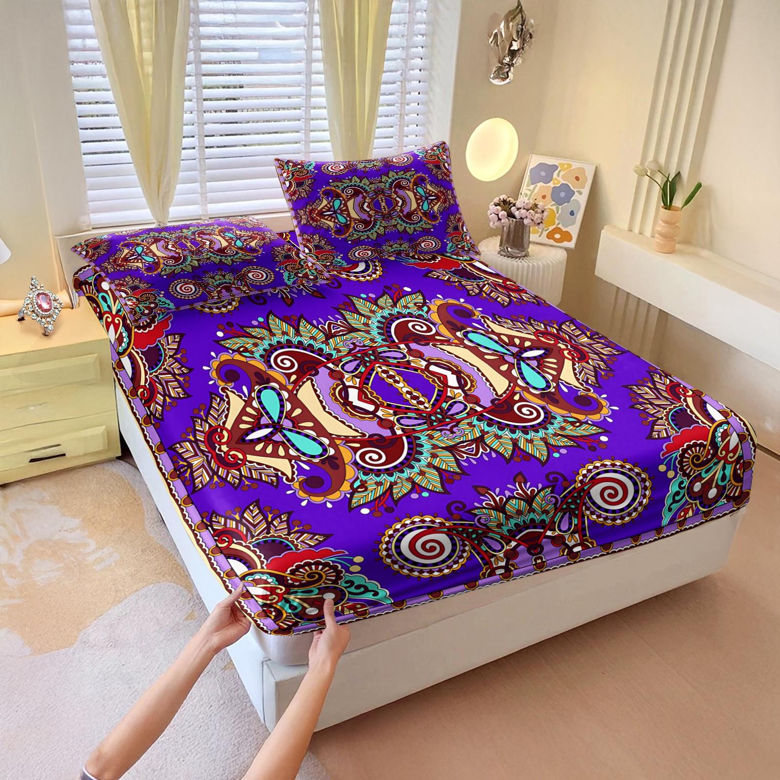 3Pcs Boho Paisley Printed Fitted Sheet Set, Vibrant Ethnic Style Bedding Set, Ultra-Soft Breathable Microfiber Bed Sheet Set, Deep Pocket All-Season Bed Linen, Ideal for Bedroom, Guest Room, Dorm Decor, Home Use