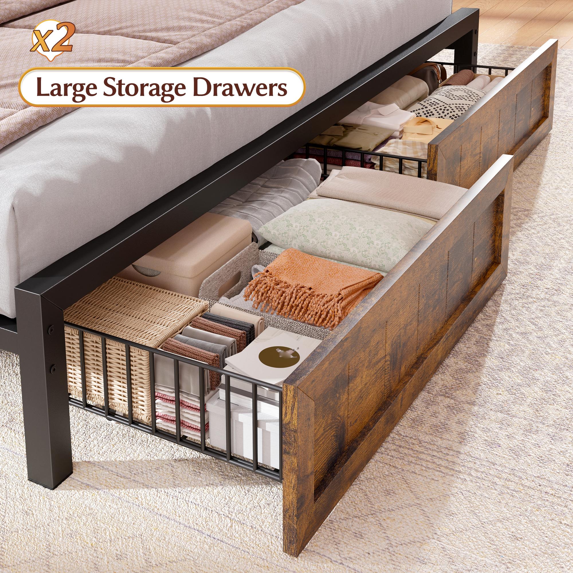 [Live] NO MATTRESS,LED Bed Frame with USB Outlet, Farmhouse Queen Size Bed Frames with 2 Storage Drawers & Built-in Charging Station, Wood Metal King Size Platform Bed Frame with Headboard, Farm Style Bedroom Furniture with LED