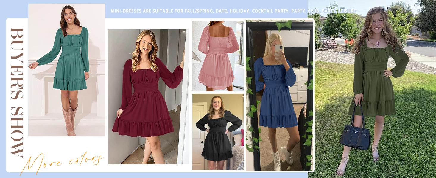 Wenrine Women's Mesh Long Sleeve Square Neck Dress High Waist A Line Ruffle Hem Flowy Casual Party Mini Dress