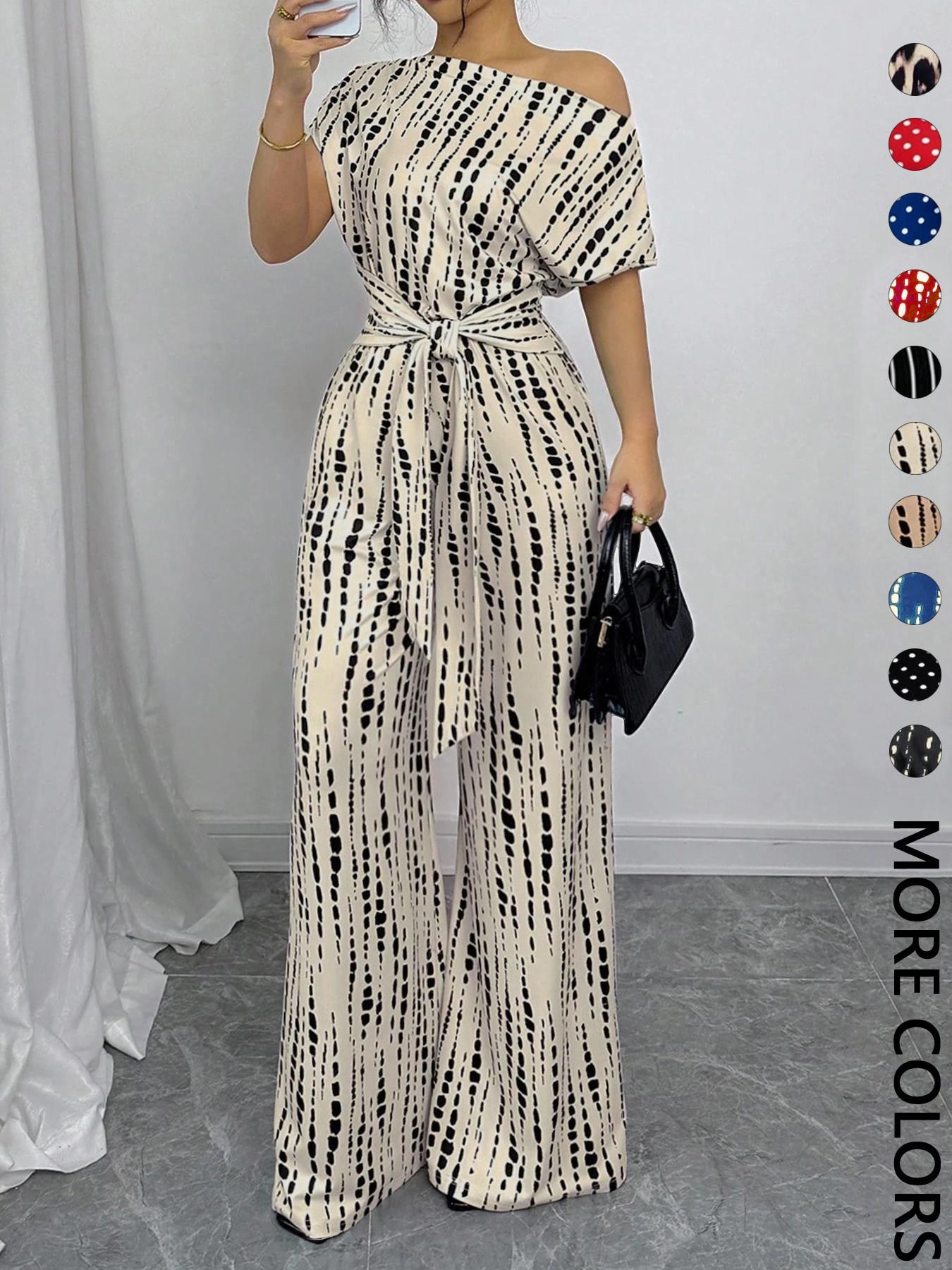 Women's All Over Print Tie Front Jumpsuit, Casual Asymmetrical Neck Jumpsuit for Spring & Fall, Women's Clothes for Daily Wear