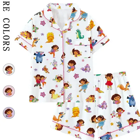 Women's 90s/00s Cartoon Character Print Pajama Set, Cute Short Sleeve Button Front Shirt & Elastic Waist Shorts Set, Loungewear, Casual 2-Piece Sleepwear for Nostalgic Fans, Contrast Binding Pjs