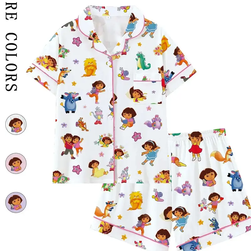Women's 90s/00s Cartoon Character Print Pajama Set, Cute Short Sleeve Button Front Shirt & Elastic Waist Shorts Set, Loungewear, Casual 2-Piece Sleepwear for Nostalgic Fans, Contrast Binding Pjs