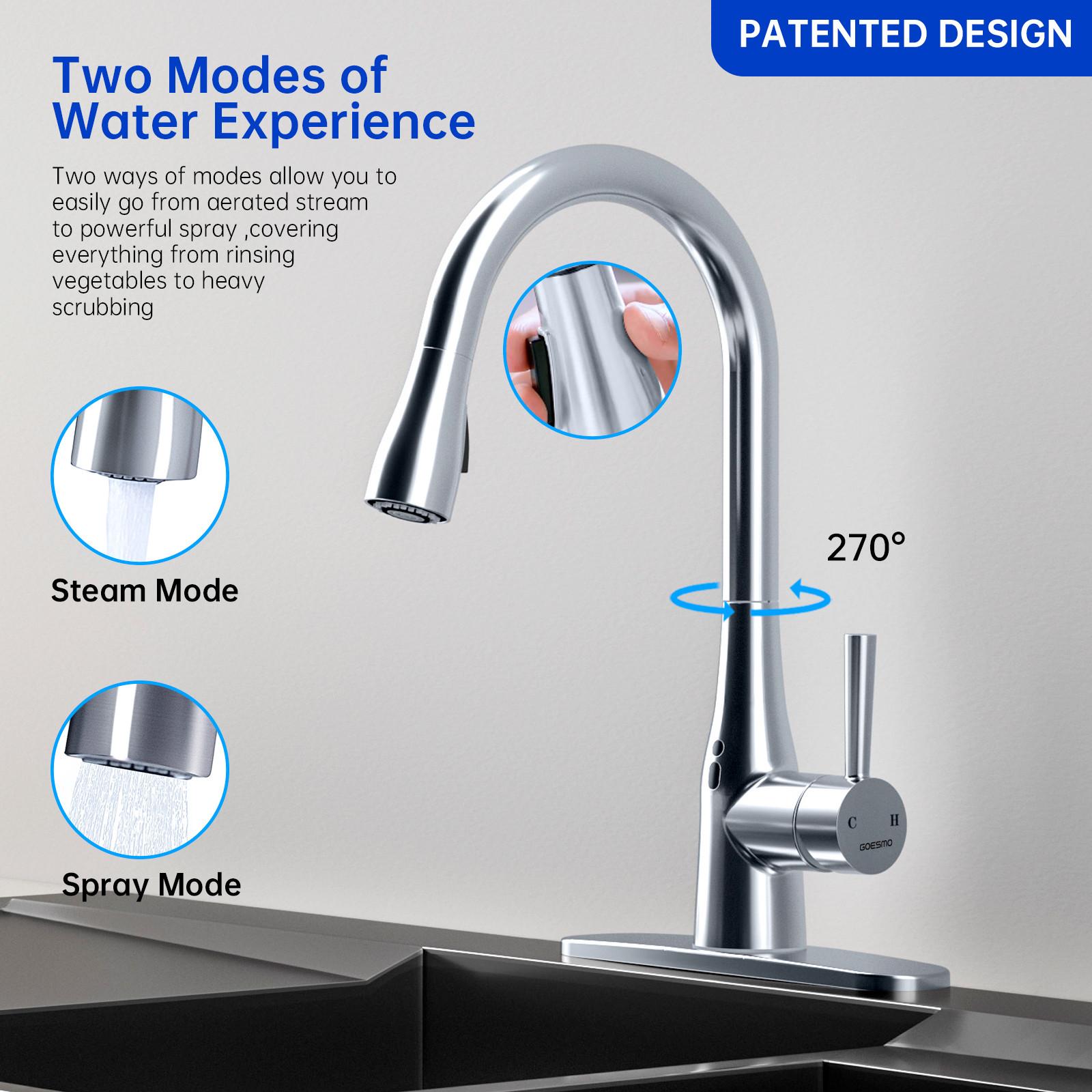 Touchless Kitchen Faucet with Pull Down Sprayer, Adjustable Water Flow, 270° Handle Rotation, Motion Sensor, 1 or 3 Hole Sink