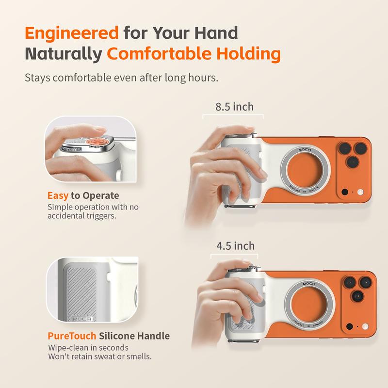 Comitok-Moca Phone Grip Handle for iOS 26+, Control Camera Switching & Focus, Compatible with Magnetic Phones, Portable & Easy Storage, Selfie Accessories Comitok-Moca Phone Grip Handle for iOS 26+, Control Camera Switching & Focus, Compatible with Magnetic Phones, Portable & Easy Storage, Selfie Accessories