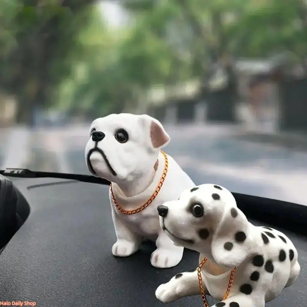Spotted Shaking-Head Puppy Bobblehead, PU Leather Car Dashboard Decoration, Stylish Car Interior Accessory