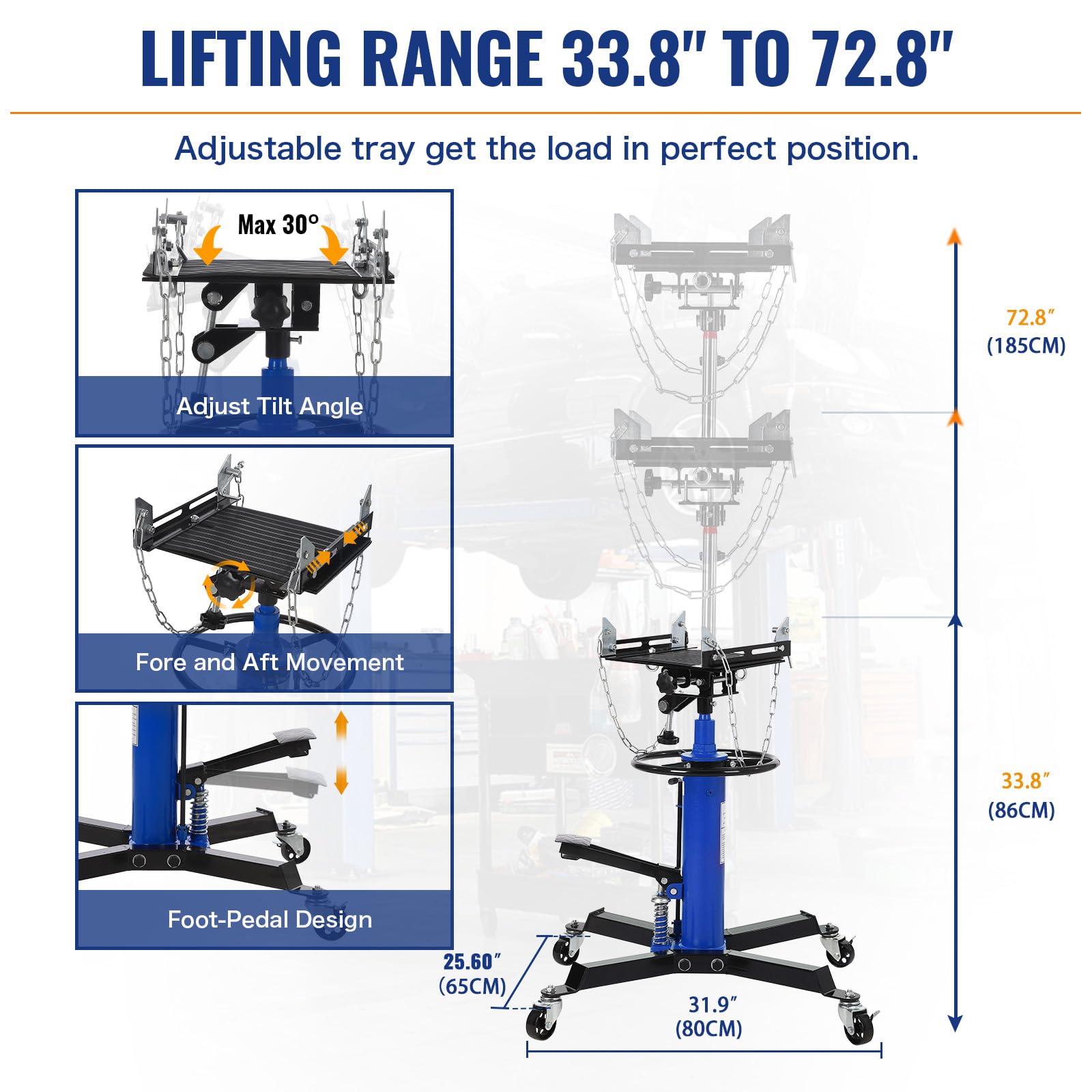 GARVEE1322lbs Hydraulic Transmission Jack Lift with Anti-Slip Rubber Pad, Dual-Stage Adjustable Telescoping Design, High Lift Dual Telescopic Jacks Hoist, Floor-Standing, Height Adjustable from 33.8" to 72.8"